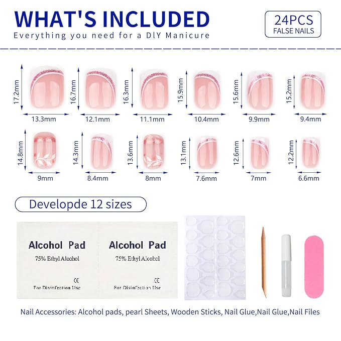 French Press On Nails Short Square, Nude Fake Nails with White French Tip and Minimalist Purple and Gold Line Design, Glossy Gel Finish Acrylic Nails, Natural Reusable Glue On Nails Kit for Women