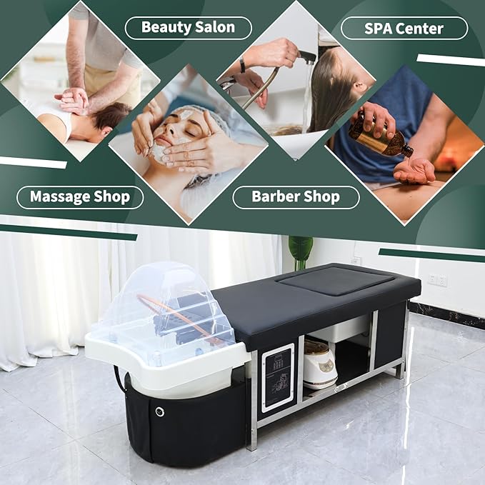 Head Spa Bed with Footbath, Japanese Headspa Equipment with Water Circulation & Fumigation, Light Therapy Massage Table for Barbershop, Salon Station,Foot Bath