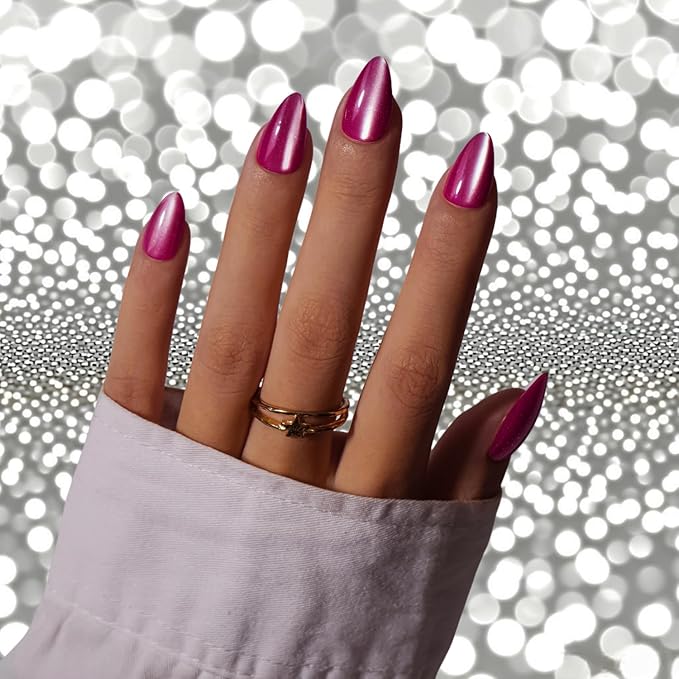 KQueenest Cat Eye Press On Nails Short, Acrylic Press On Nails Almond, Sparkle Hot Pink Fake Nails With Glue, Recycled Soft Gel Glue On Nails for Woman, Long-Lasting Glitter Effect, Fushia, 30 Pcs