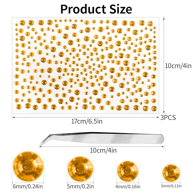 975Pcs Face Gems Hair Gems, Self-Adhesive Face Jewels Eye Jewels Rhinestones 3/4/5/6 mm DIY Face Gems Stick on, Hair Body Rhinestones Gems Crystals Pearls for Face Makeup, Crafts (gem_Yellow)