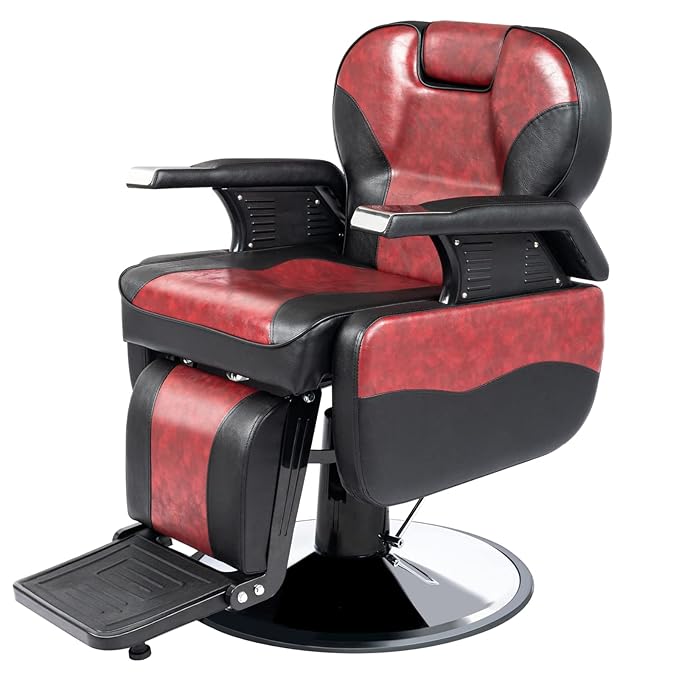 OmySalon All Purpose Hydraulic Barber Chair Recline 360 Degree Swivel Height Adjustable Heavy Duty Hairdresser Chair Beauty Salon Spa Tattoo Styling Barbershop Equipment Black & Red