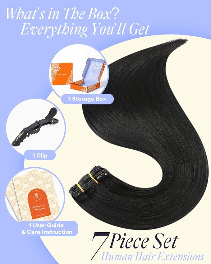 Full Shine Clip in Hair Extensions Real Human Hair Black Women 150 G Long Black Clip in Extensions for Cheer for Styling 20 Inch 7 Pcs