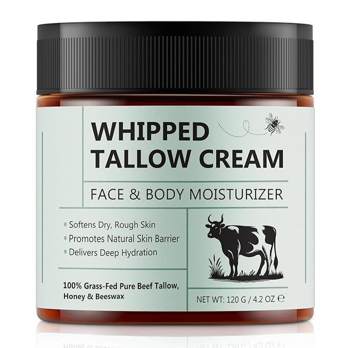 Beef Tallow for Skin, Beef Tallow Moisturizer, 4.2 oz Organic Whipped Grass Fed Beef Tallow with Honey Cream for Face & Body, Unscented