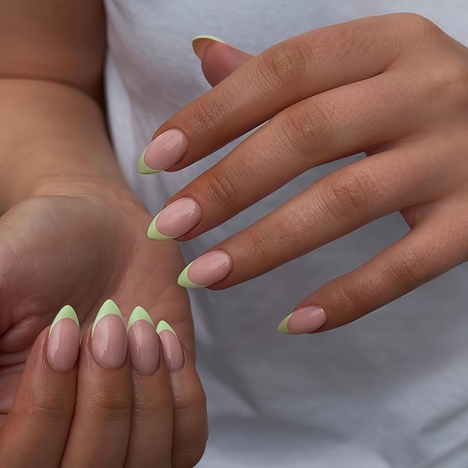30 Pcs Light Green French Tip Press on Nails Short Almond, Acrylic Fake Nails with Glue Medium Stiletto Shape, Acrylic Natural Glue on Nails for Women, 15 Sizes