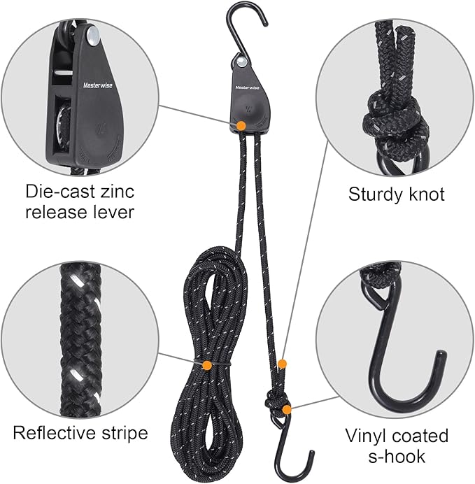 1/4" x12' Kayak Tie Down Straps with Reflective Stripe, Boat Trailer Straps Canoe Bow and Stern Rope Hanger Kayak and Canoe Accessories (Black, 2PCS)