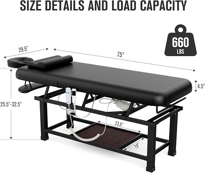pouseayar Heating Function Heavy Duty Electric Stationary Massage Table with Backrest Adjustable and Storage Space for Treatment/Medical Spa/Facial/Beauty/Massage Bed - 30 x 75 - Black