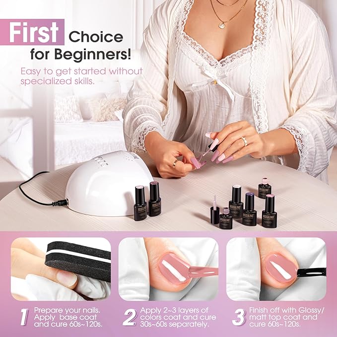 ROSALIND Pink Purple Gel Nail Polish Set, 8 Colors Pink Glitter Gray Gel Polish, Gentle Pink Elegant Purple Classic Gel Polish Collection Nail Art Gift DIY at Home