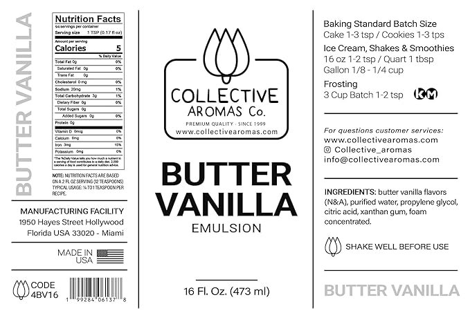 Butter Vanilla Emulsion for Baking - Natural Flavoring Blend for Cookies, Cakes, Ice Cream, Smoothies, Beverages & More - 16 fl oz Kosher, Pure Butter Vanilla Emulsion by Collective Aromas Co.