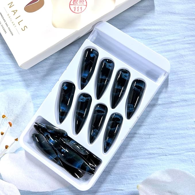 Dark Blue Almond Tip Press on Nails Extra Long Black Butterfly Pattern Design Full Cover Glossy Acrylic Fake Nails Blue Smudge Artificial Fingernails 24Pcs DIY Reusable Glue on Nails for Women