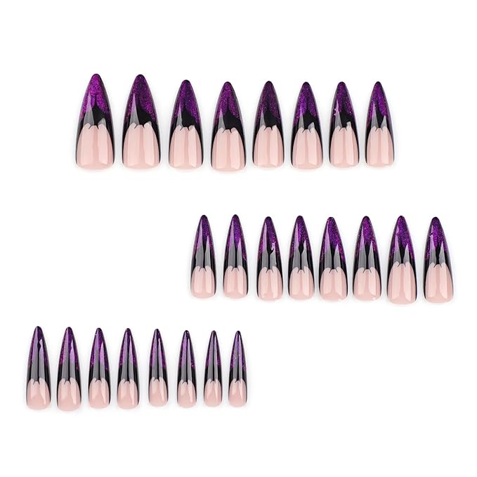 IMRAIN Halloween Press on Nails Long Stiletto Fake Nails Purple Cat Eye French Tips False Nails with Bat Designs Glossy Bling Artficial Glue Stick on Nails for Women 24Pcs