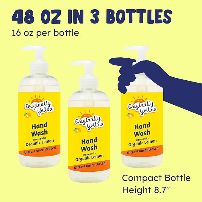Originally Yellow Plant-Based Hand Soap All Natural Infused with Organic Lemon | Gentle Natural Hand Soap | Pet & Baby-Safe Soap, 16 Fl Oz (3-Pack)
