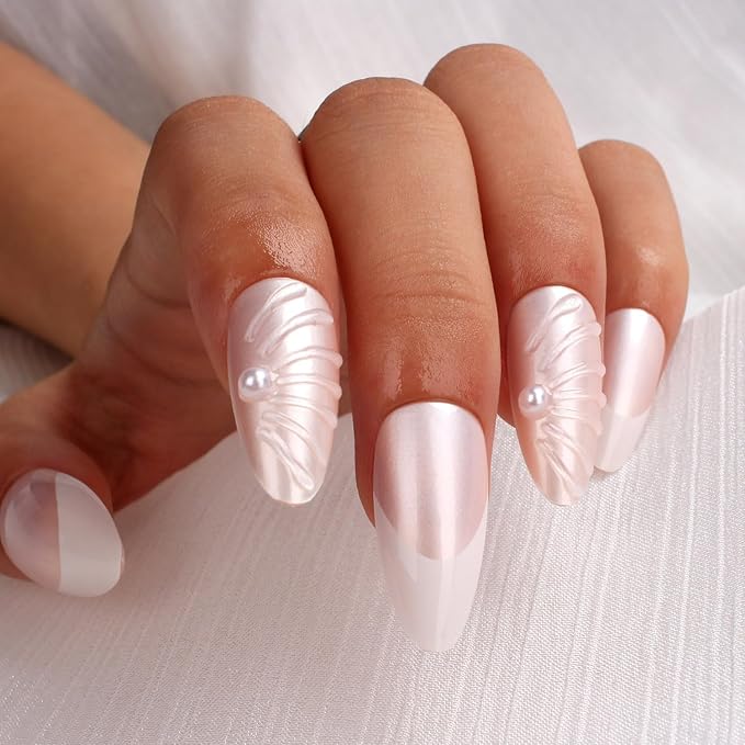 3D Pearl French Press On Nails Almond Medium Nude Pink & White Acrylic Fake Nails with Sculpted Design, Reusable Stick On Nails for Women, 24PCS with Glue and Full Manicure Kit