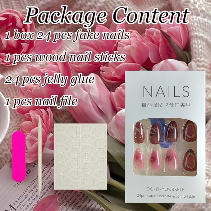 24Pcs Gradient Red Press on Nails Short Almond Fake Nails 3D Texture Gold Star Acrylic Nails Y2K Punk Artificial Glue on Nails Golden Line Full Cover False Nails Red Chrome Stick on Nails for Women