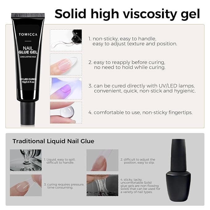 TOMICCA Super Strong Nail Glue for Press On Nails, Nail Tips - Long Lasting Glue On Nails Clear Adhesive, 3D Gel Nail Glue Art Design, UV Lamp Cured, 15ml DIY Home Salon Use