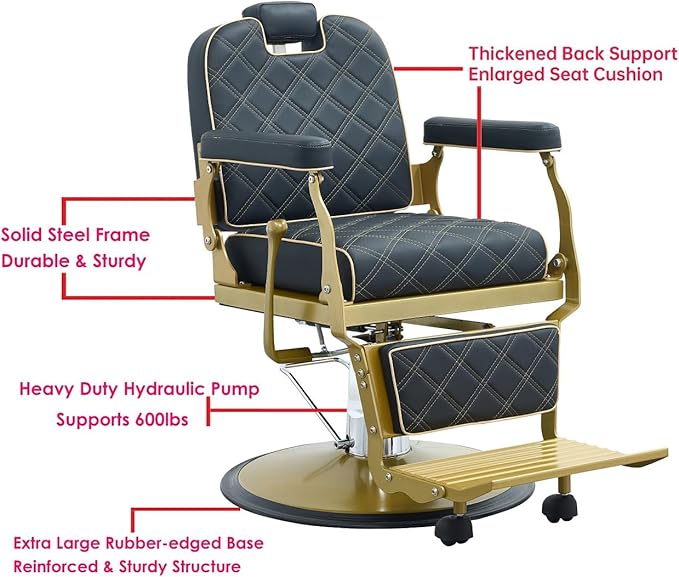 Kaleurrier Black and Gold Barber Chair: Professional Heavy Duty Recliner Salon Chair for Hair Stylist - Reclining Hydraulic Barber Shop Chairs for Home Hair Beauty Salon Massage Barbershop