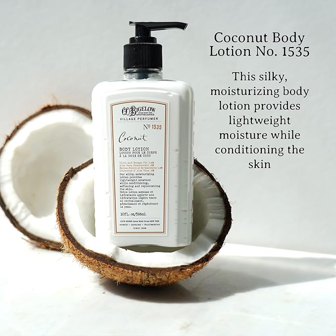 C.O. Bigelow Coconut Body Lotion, Village Perfumer Moisturizing Body Lotion with Aloe Vera, Borage Oil & Olive Oil, 10 Fl Oz