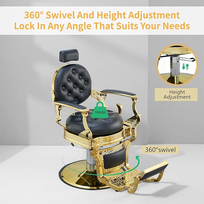 Heavy Duty Barber Chair 700LBS Capacity, Reclining 93°-160° Hydraulic Swivel Salon Chair with Adjustable Headrest & Flip Footrest, Ergonomic Faux Leather for Salon,Tattoo,Spa（Noble Gold）