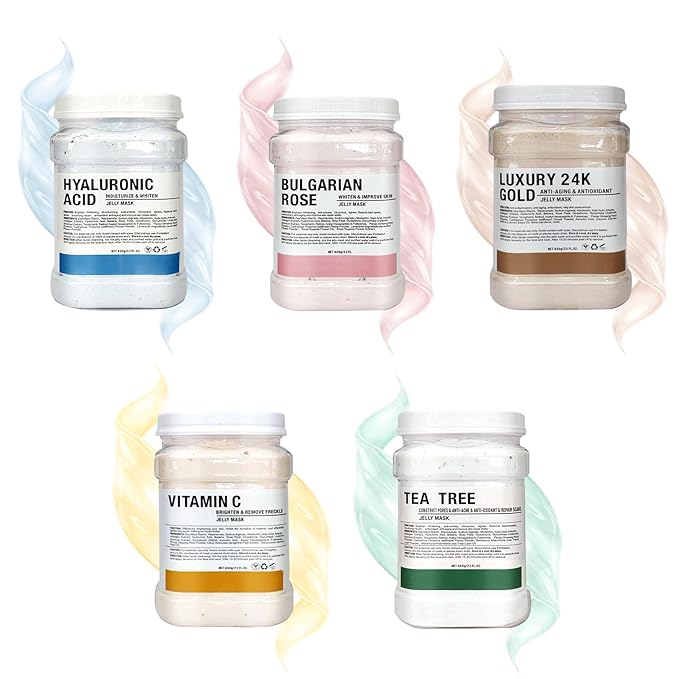 Jelly Mask for Facials Professional Hydrating Deep Cleaning Face Mask Set - 115Fl Oz 5 Treatments (Hyaluronic Acid,Bulgari Rose,24K Gold,VC Essence,Tea tree)