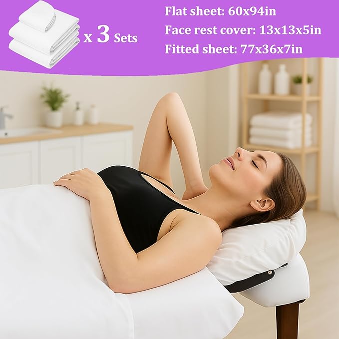 3 Sets Massage Table Sheets Set – Each Set Included 3pcs (Flat Sheet, Fitted Sheet, Face Rest Cover) – White Microfiber for Spa and Professional Use