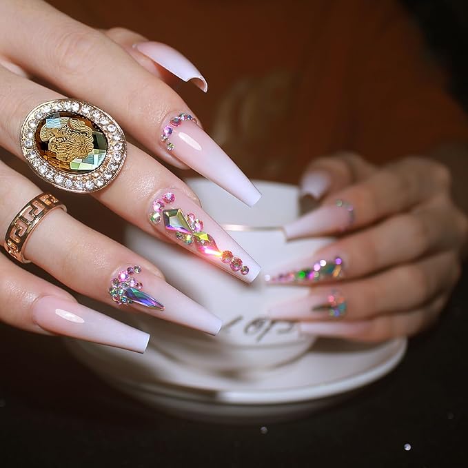 Yivaiks Ballerina Press-on Nails, 24pcs Glossy Acrylic Fake Nails with Glue, Extra Pink Long Coffin 3D Rhinestones Design for Women