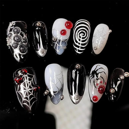 30Pcs Goth Halloween Press on Nails Medium Almond French Tip Fake Nails 3D Spider Gems Designs Y2K Black Acrylic Nails Full Cover Artificial Halloween Glue on Nail Holiday False Nail for Women