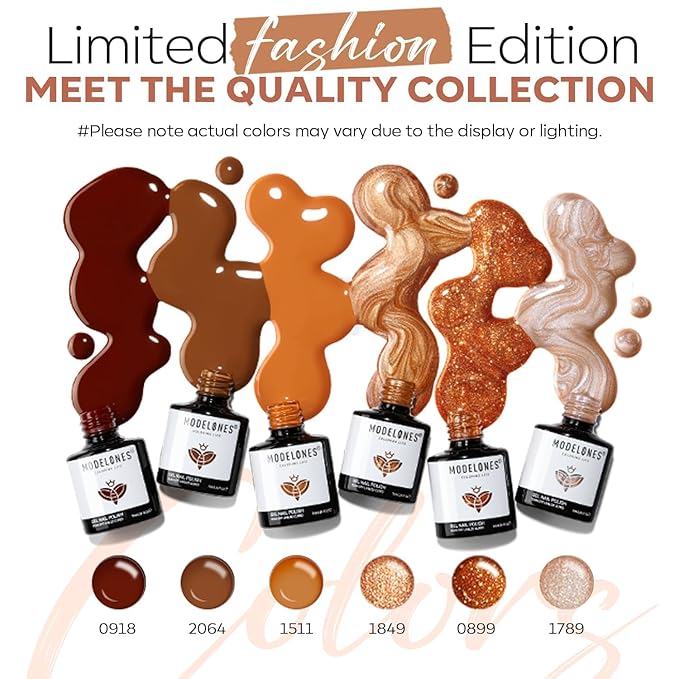 modelones Gel Nail Polish Set, 6 Colors 2025 Fall Winter Thanksgiving Nude Brown Gel Polish Glitter Pearl Cinnamon Tawny Orange Cherry Mocha Nail Polish All Skin Tones Soak OFF LED Nail Art DIY Gift