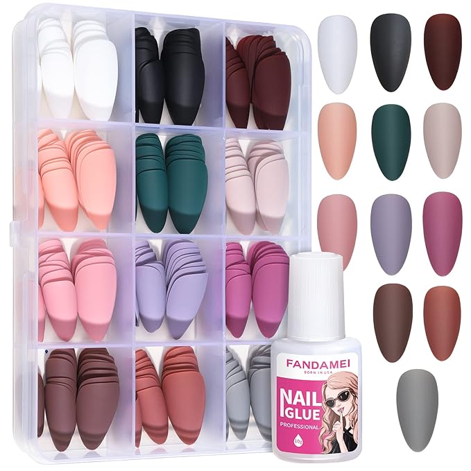 FANDAMEI Press on Nails, 12 Packs 288PCS Matte Press on Nails, Medium Almond Fake Nails Full Cover, Short Almond Glue on Nails with 7g Nail Glue, 12 Solid Color False Nails for Nail Art DIY