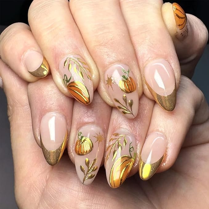 Fall Gold French tip Press on Nails Medium Almond False Nails With Pumpkin Design Full Cover Glue on Nail Reusable Gold Pumpkin Acrylic Fake Nails Glossy Artificial Stick on Nail for Women