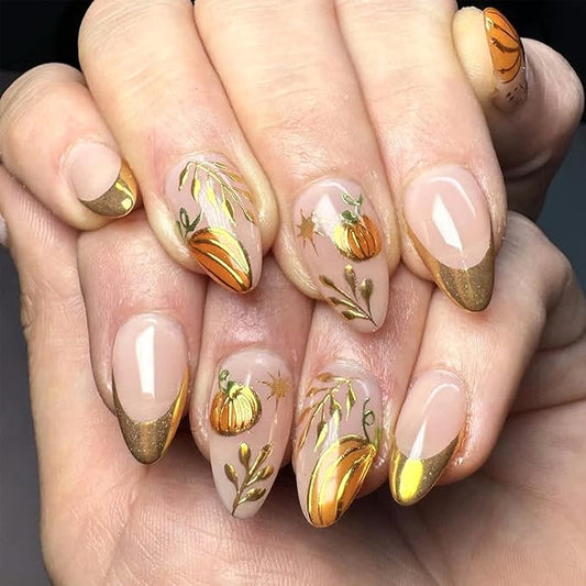 Fall Gold French tip Press on Nails Medium Almond False Nails With Pumpkin Design Full Cover Glue on Nail Reusable Gold Pumpkin Acrylic Fake Nails Glossy Artificial Stick on Nail for Women