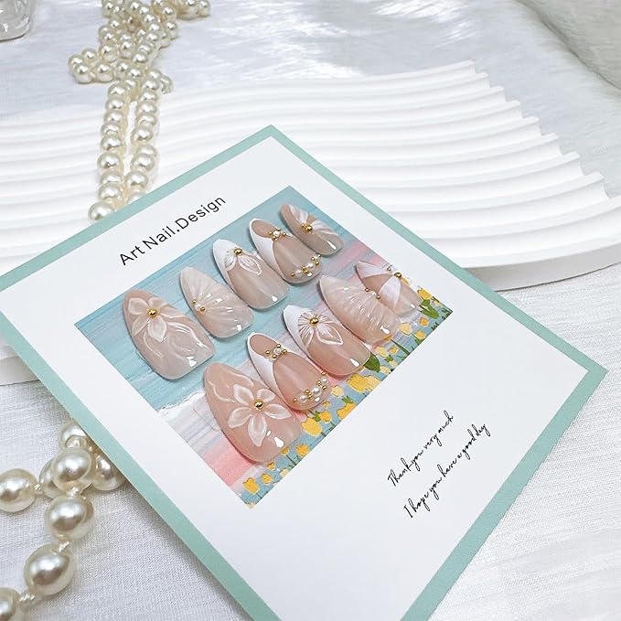24pcs 3D Flower Press on Nails Medium Almond Fake Nails with Pearl Designs White French Tip False Nails Ribbon Stick on Nails Summer Floral Full Cover Acrylic Nails Glue on Nails for Women