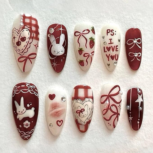 30Pcs Almond Press on Nails Medium French Fake Nails with Bow Cartoon Rabbit Design Rhinestone Pearl False Nails Heart Red Lips Stick on Nails Manicure Fingernail Handmade Nail for Women DIY