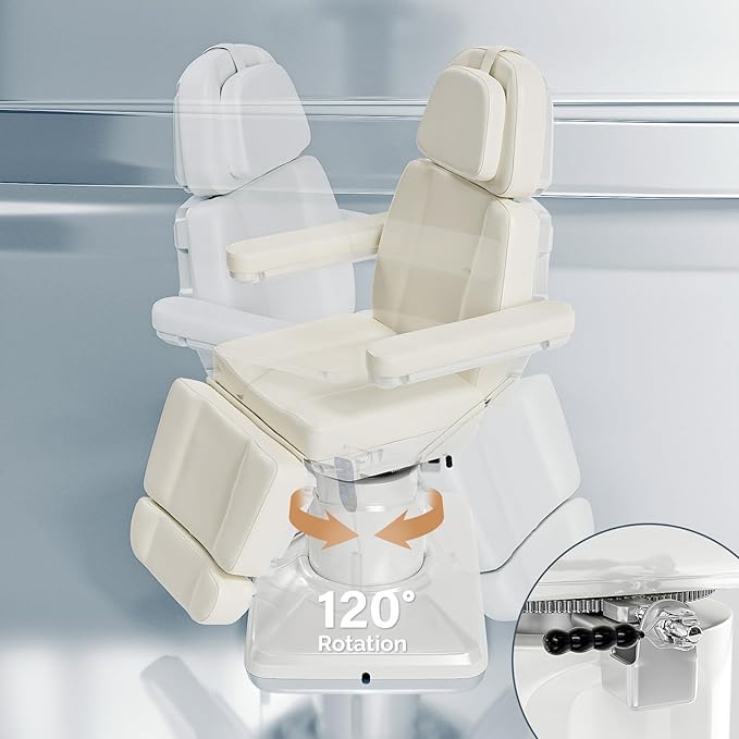 OmySalon Electrical Facial Beauty Spa Medical Treatment Bed, 120° Rotation Massage Tattoo Dental Aesthetic Chair with 3 Motors & Remote Control, Off White