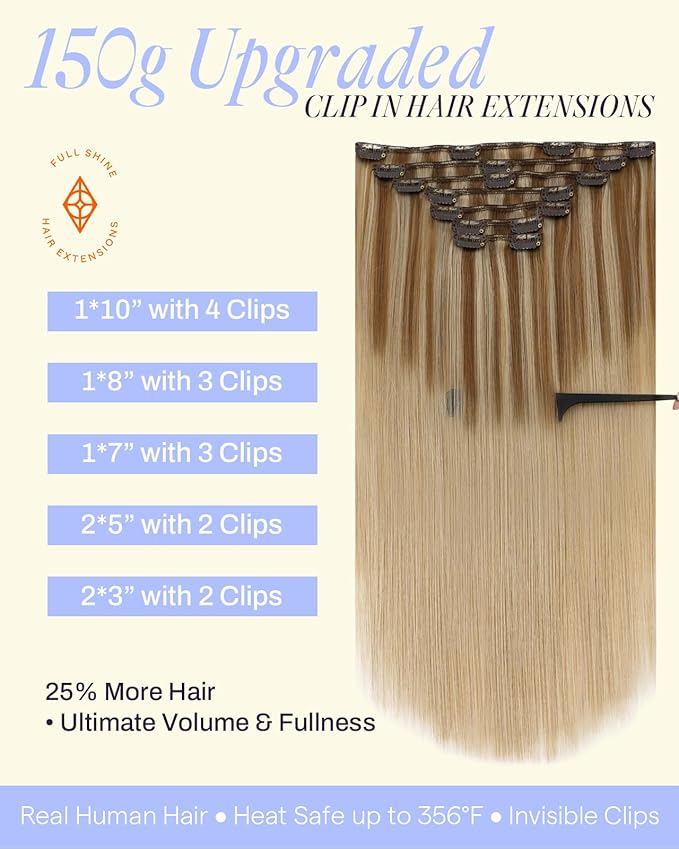 Full Shine Dirty Blonde Hair Extensions Clip ins 22 Inch Blonde Highlight Clip in Hair Extensions Human Hair 150 G 7 Pcs