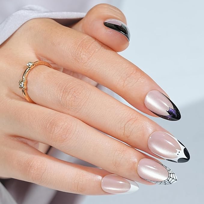 Halloween Press On Nails Almond - Batweb Spell, French Tip Press On Nails Cat Eye, Acrylic Square Short Halloween Nails with Nail Glue, Stick On Nails in 16 Sizes - 32 PCS Soft Gel Kit