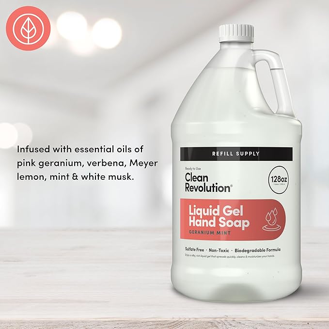 Clean Revolution Liquid Gel Hand Soap, Silky Rich Liquid, Quick Lather, Fast Rinsing, Contains Real Essential Oils (Geranium Mint) 128 Fl Oz