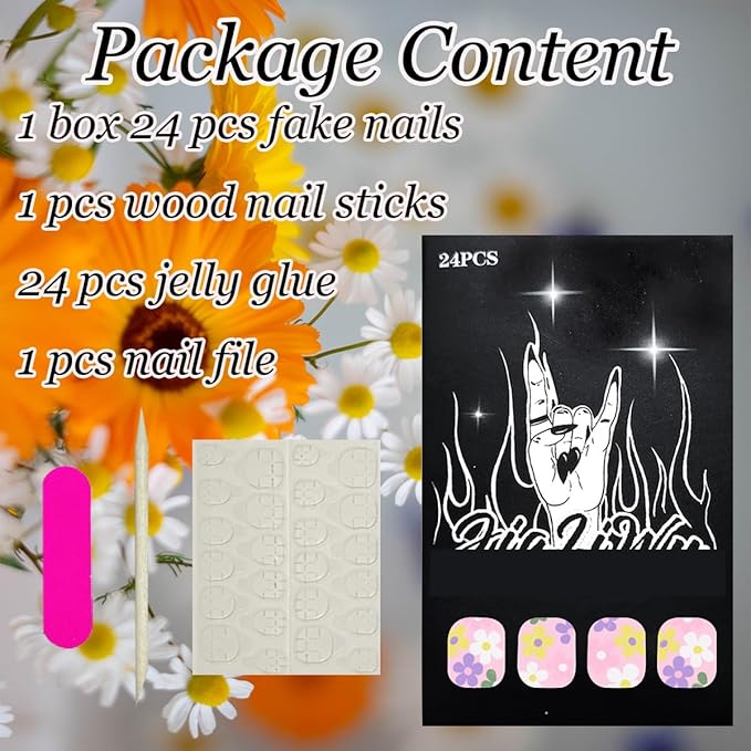 24Pcs Flower Press on Nails Short Fake Nails Colorful Daisy Glue on Nails Floral Acrylic Nails Almond Shape False Nails Spring Stick on Nails Cute Artificial Nails for Women Girls Wear Manicure Kit