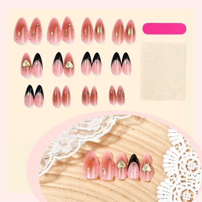 Gold Heart Press on Nails Black French Tip Fake Nails with Rhinestone Design Reusable Star Nail Press ons Brown Ombre Glossy Full Cover Medium Almond Glue on Nail for Women Girls Manicure 24Pcs