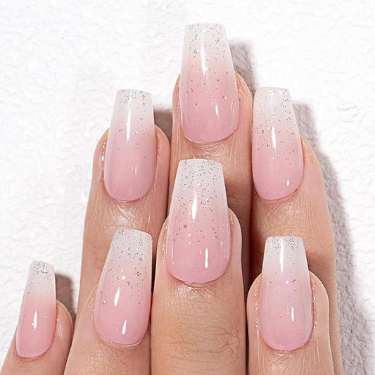 Medium Press on Nails Coffin Fake Nails Gradient Nails Press ons Light Pink False Nails with Glitter Designs for Women 24Pcs