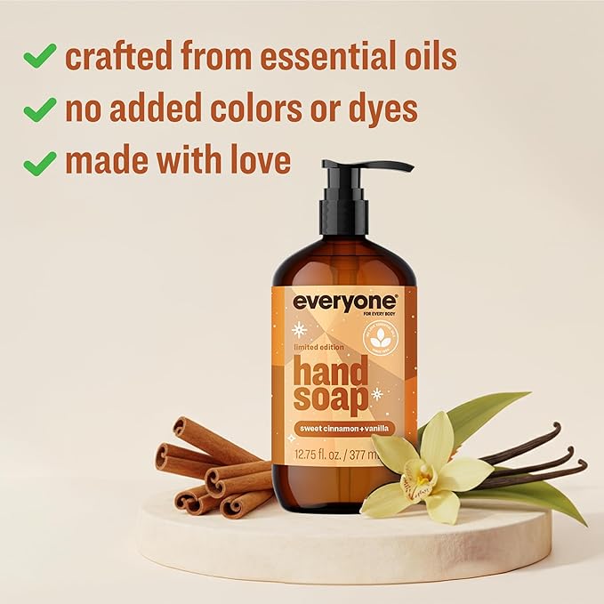 Everyone Liquid Hand Soap, 12.75 Ounce (Pack of 3), Sweet Cinnamon + Vanilla, limited edition, made with Essential Oils for kitchen and bathroom