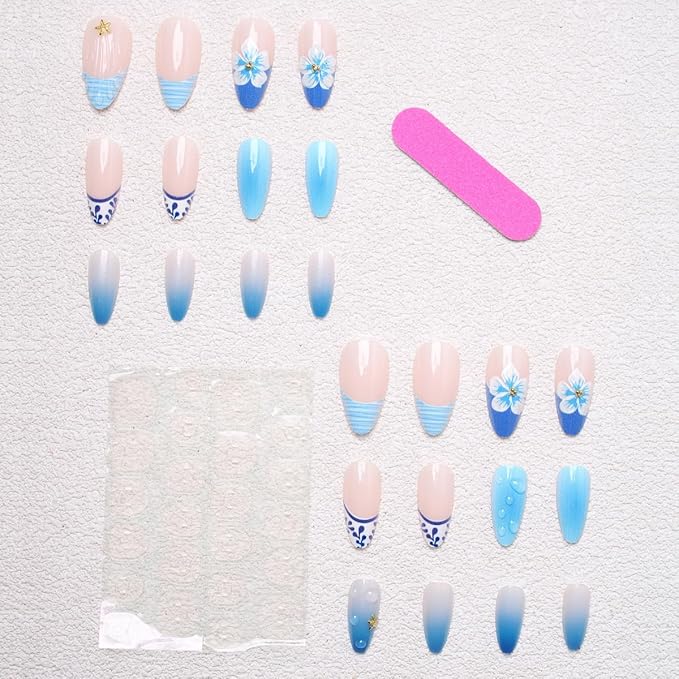 24Pcs Autumn Press on Nails Medium Almond Fake Nails 3D Flower Glue on Nails Blue French Tip False Nail Nude Pink Acrylic Nail Press on Metal Starfish Stick on Nail for Women DIY Manicure Salon