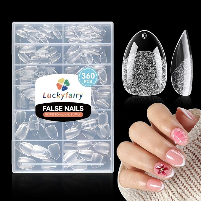Extra Short Almond Nail Tips, 360pcs Soft Gel Pre-Shaped Acrylic XS Fake Nails, Half Matte Full Cover Clear Press on Flase Nail Tips for Extension Manicure Home DIY 12 Sizes Gelly Tips