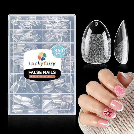 Extra Short Almond Nail Tips, 360pcs Soft Gel Pre-Shaped Acrylic XS Fake Nails, Half Matte Full Cover Clear Press on Flase Nail Tips for Extension Manicure Home DIY 12 Sizes Gelly Tips