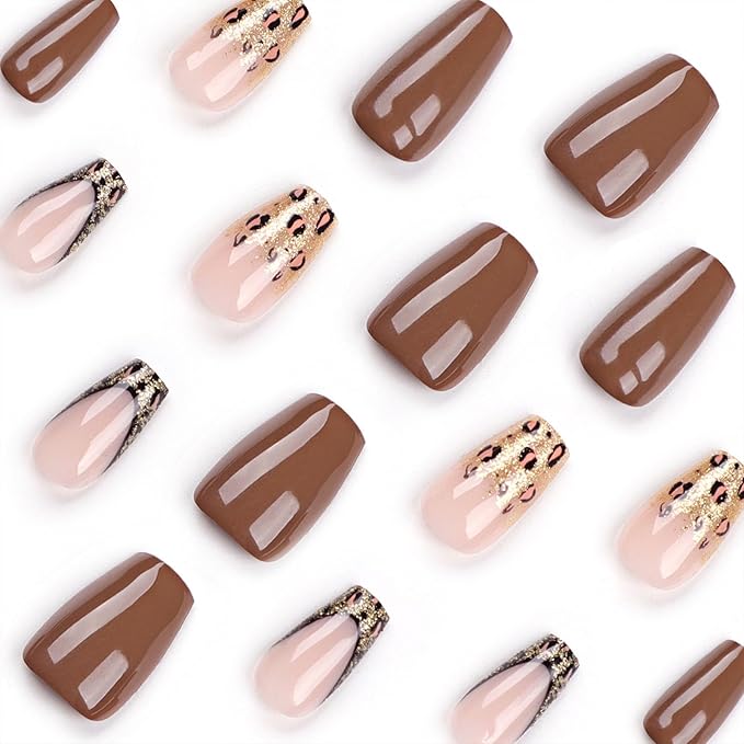 Fall Press On Nails Short Coffin Plastic False Nails 24Pcs Set with Golden Glitter Leopard Designs French Tip Glossy Glue On Nails Brown Nude Gold Almond Shape