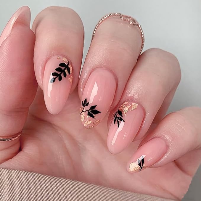 24Pcs Almond Press on Nails Medium Length Fake Nails Black Leaf with Designs False Nail Nude Pink Full Cover Fall Acrylic Nail Tips Glitter Cute Leaves Autumn Winter Stick on Nails for Women