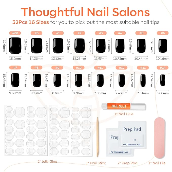 Modelones 32Pcs Black Press on Nails, Christmas Short Square Fake Nails, Reusable Nail Kit with Nail Glue Adhesive Tabs Mini Nail File, Nails Press Ons 16 Sizes