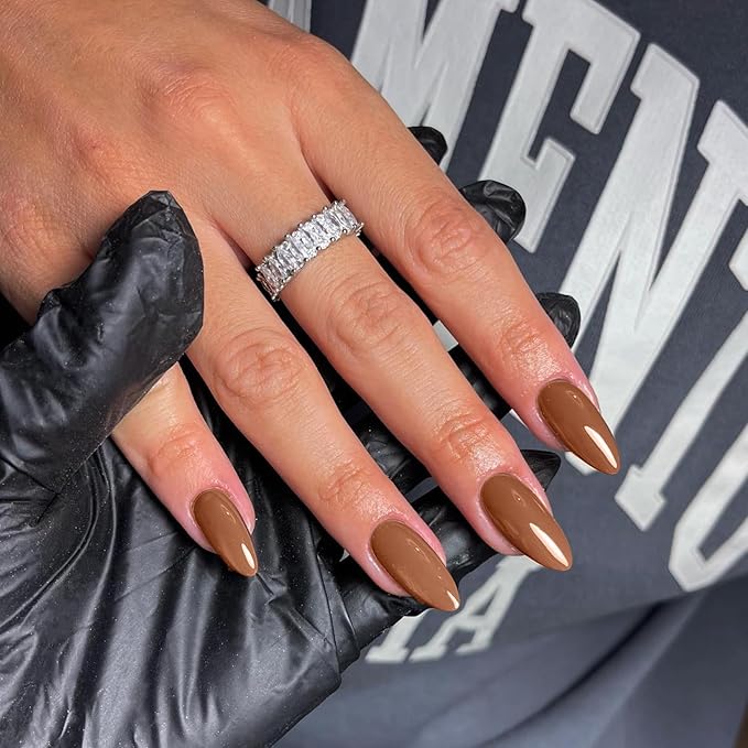 48Pcs Light Brown Press on Nails Almond Fake Nails Glue on Nails Medium Length Almond Shaped Nails Press ons, Stiletto Nails False Nails for Women, Medium Almond Nails, Thick Natural Acrylic Gel Nails