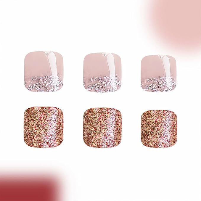 2 Packs 48Pcs Glitter Press on Toenails Short Square Fake Toe Nails Nude Glitter Design Acrylic False Toe Nails Full Cover, Glue Stick On Nails for Women's Manicure & Nail Art