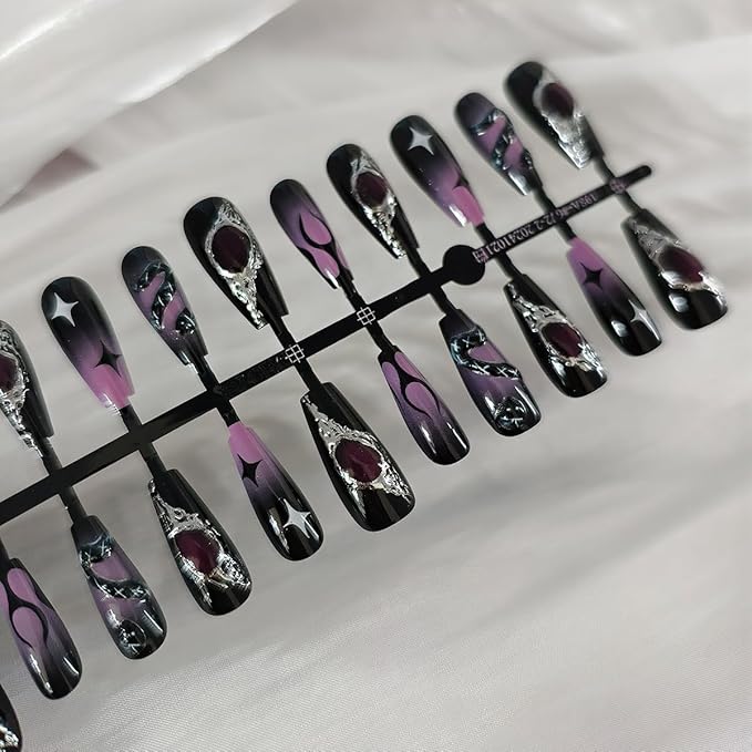 Gothic Press on Nails Medium Coffin Fake Nails Black Purple False Nail Horror Snake Flame Star Designs 3D Gems Silver Metal Acrylic Nails Full Cover Glue on Nails for Women DIY Manicure, 30Pcs