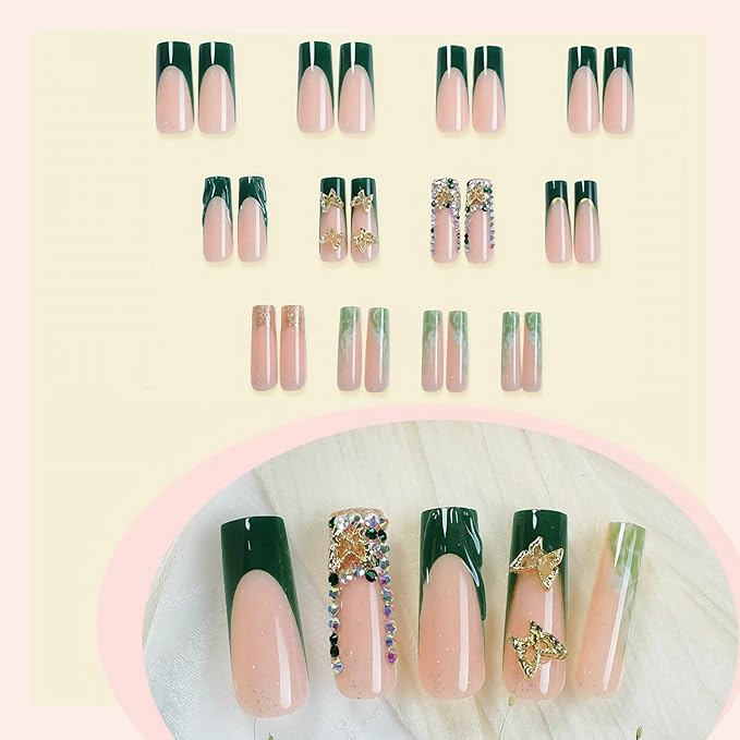 BABALAL Press on Nails Long Square Fake Nails Green French Tip Glue on 3D Texture Handmade Acrylic Nails with Butterfly Charm Luxury False Nails 24Pcs Squoval Nails Artificial Nails for Women Girls