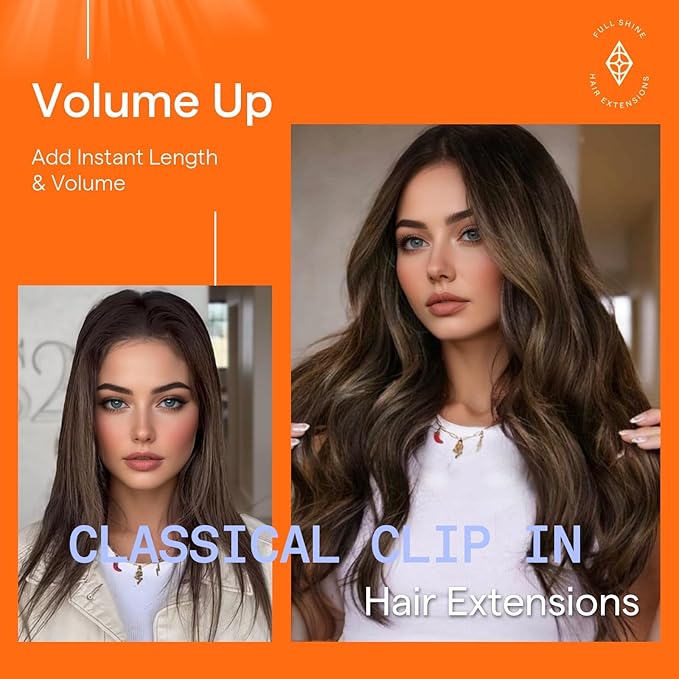 Full Shine Dark Brown Human Hair Clip in Extensions 20 Inch Clip in Hair Extensions Real Human Hair Balayage Brown Remy Straight Hair Extensions 7 Pcs 120 G